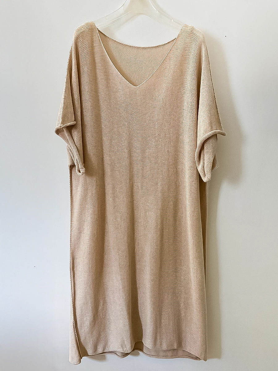 Women’s Knitted V Neck Dress Beige