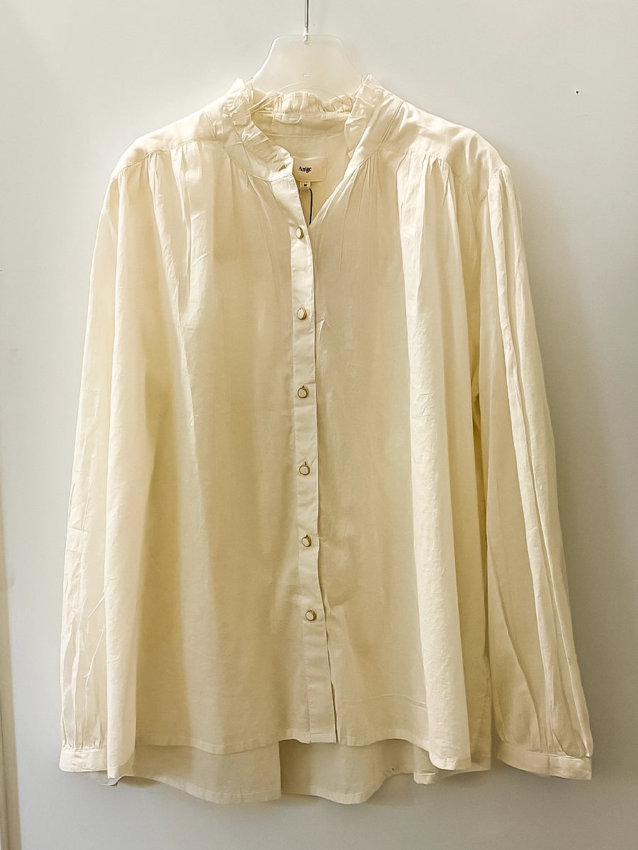 Cream Ruffle Neck Button-Down Blouse
