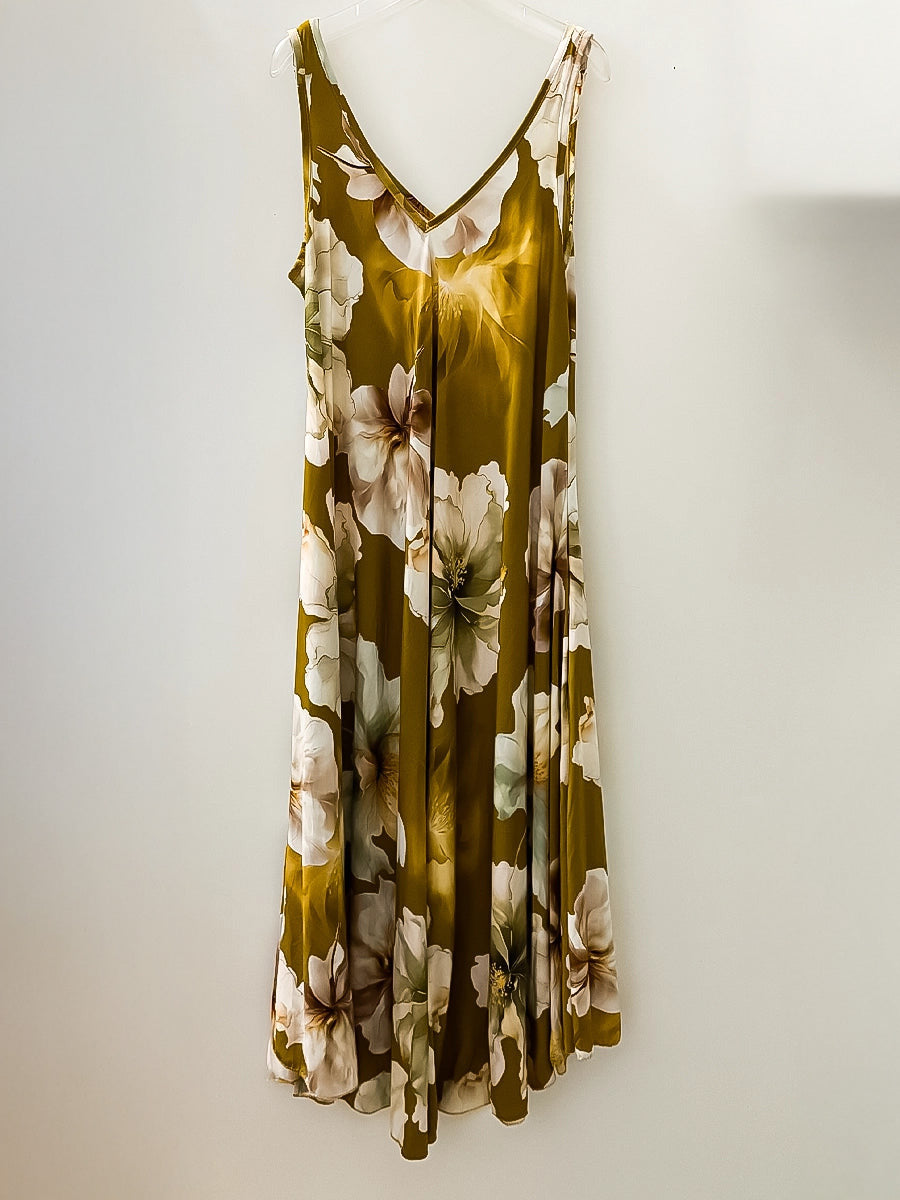 Sleeveless V Neck Flower Print Dress