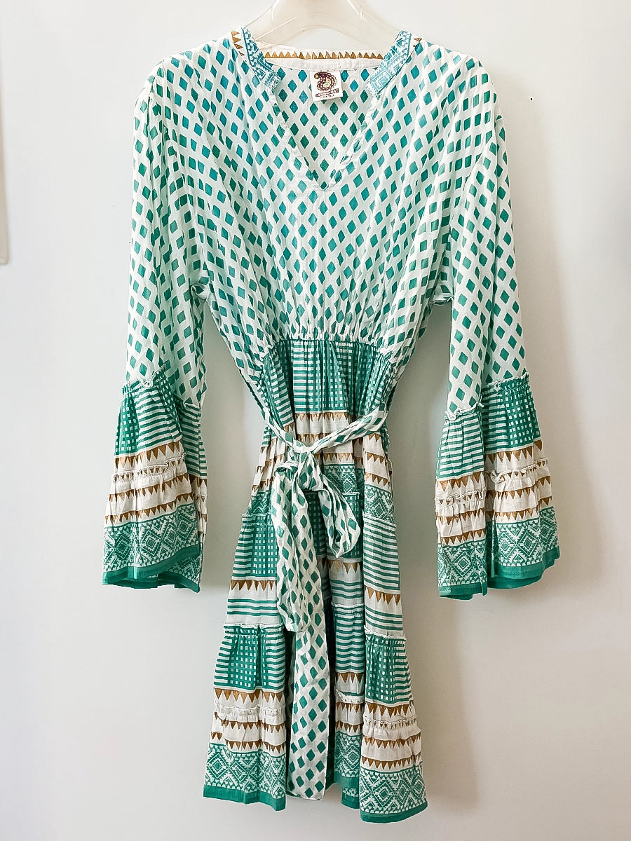 Green and White Patterned Short Dress