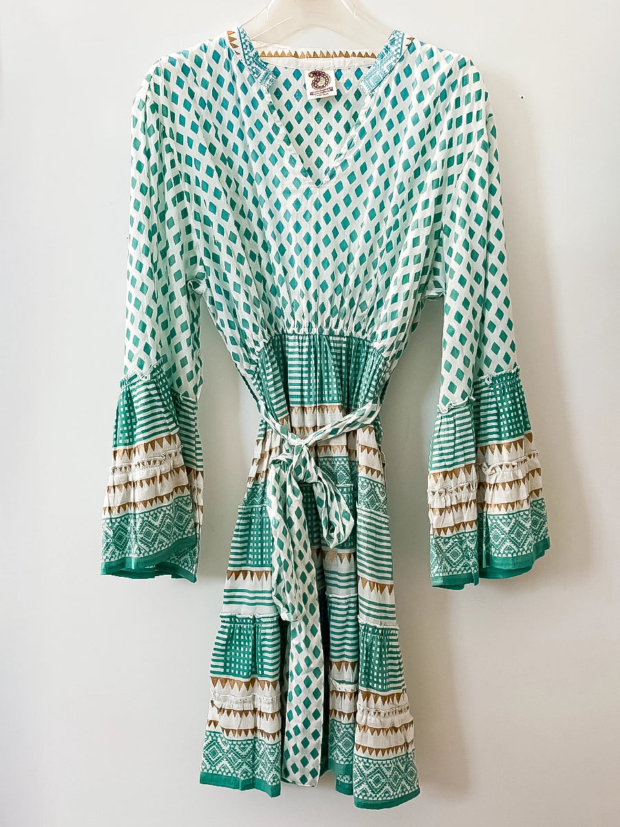 Bohemian Printed Mini Dress with Bell Sleeves