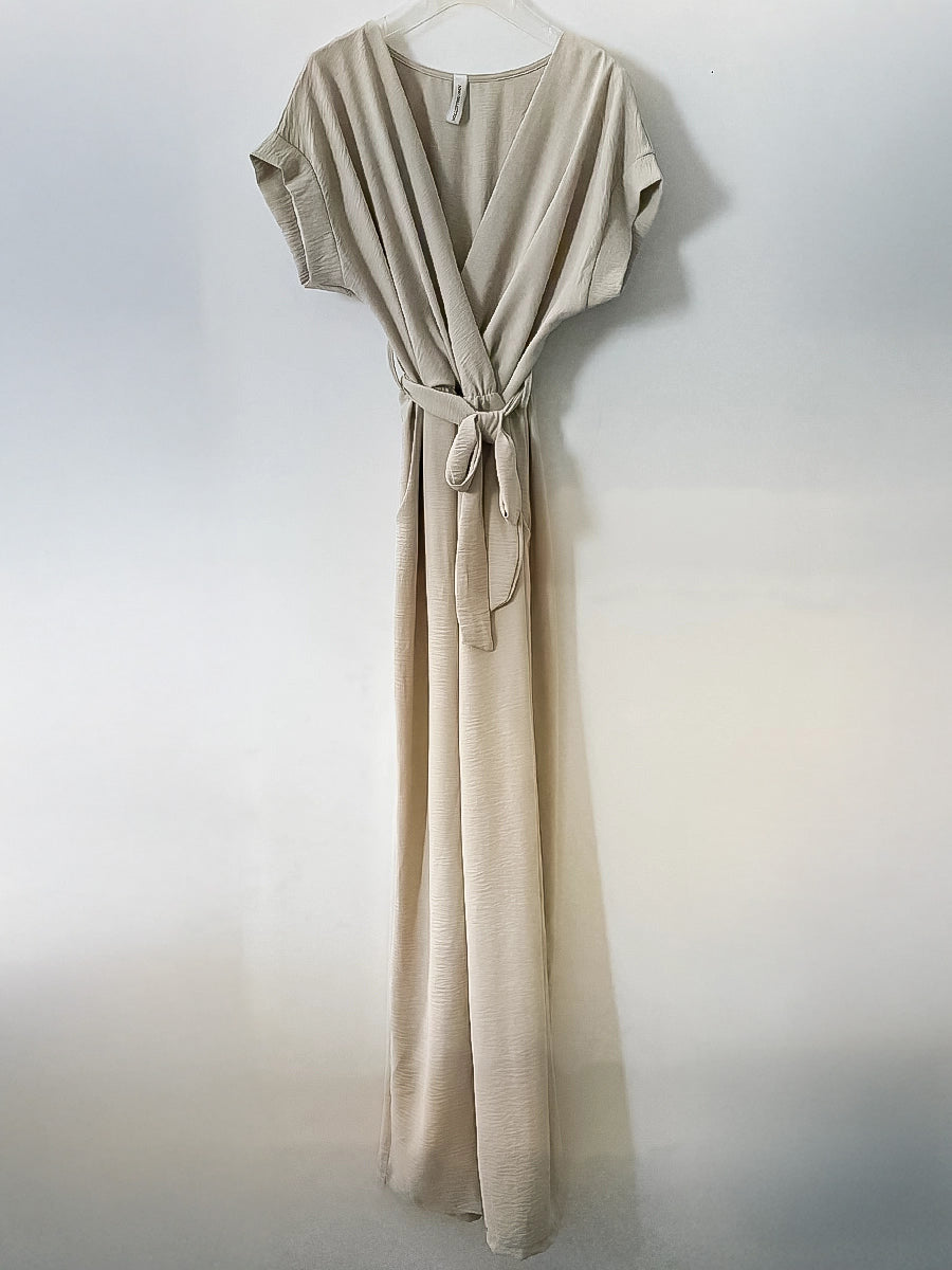 Beige Wrap-Style Jumpsuit – Short Sleeve