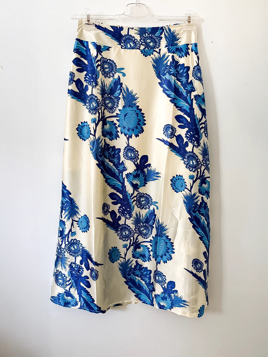 Blue Floral Satin Maxi Skirt