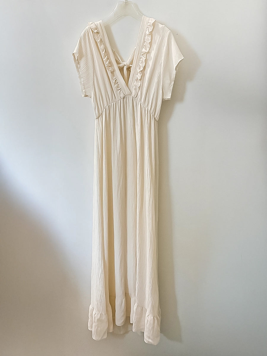 Elegant White Ruffle Detail Long Dress