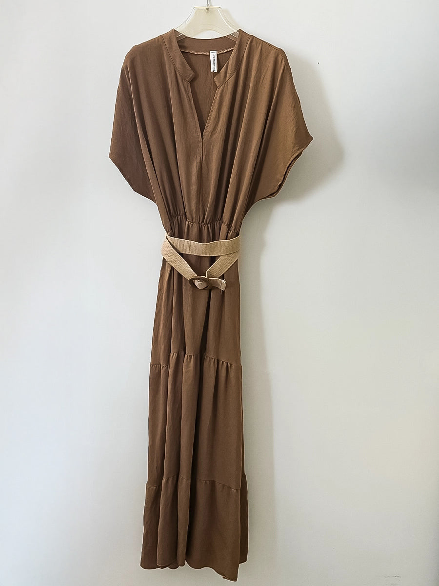 Elegant Brown V-Neck Maxi Dress