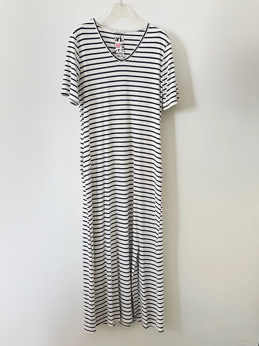 Short Sleeve Striped V-Neck Long Dress