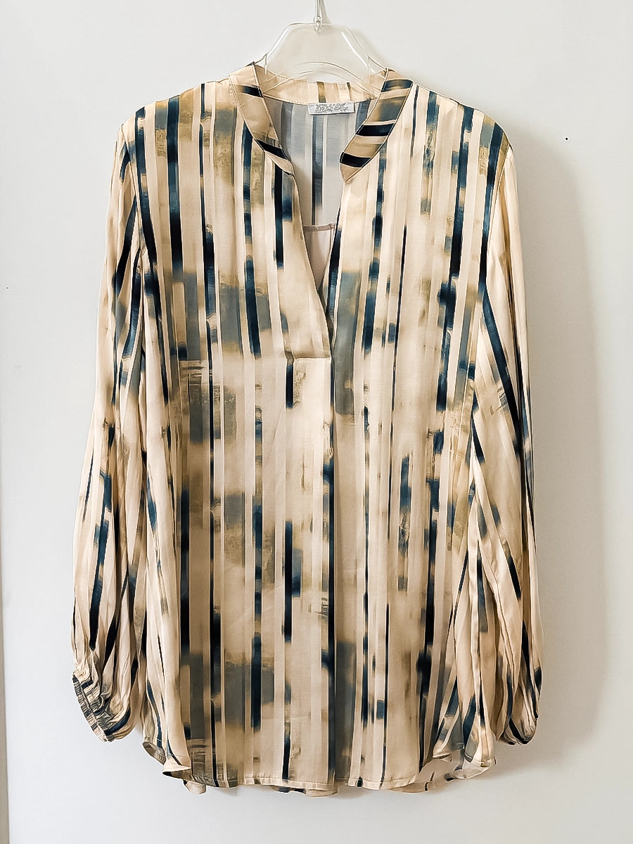 Beige & Navy Striped Long Sleeve Blouse
