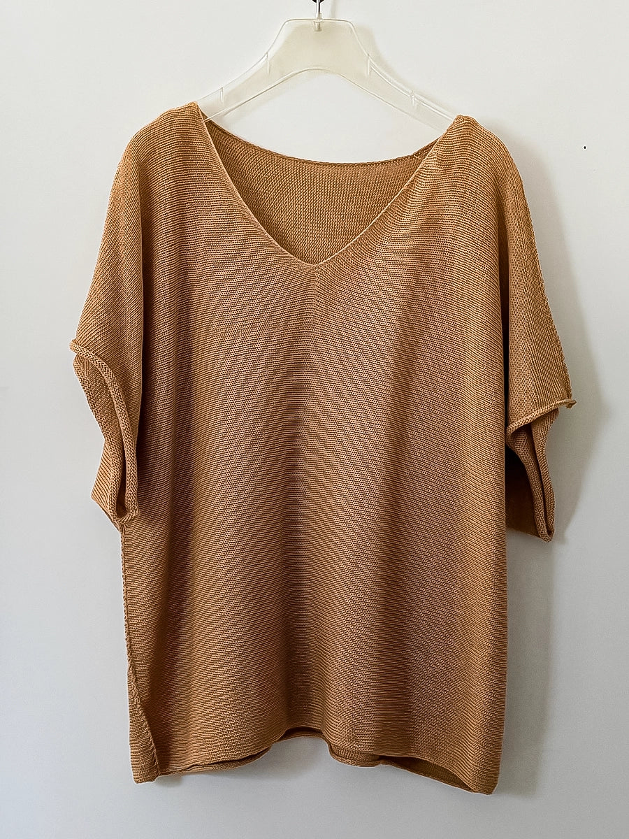 Brown Summer Knitwear Top – V-Neck