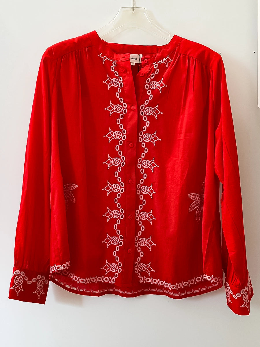 Festive Red Floral Embroidery Summer Blouse