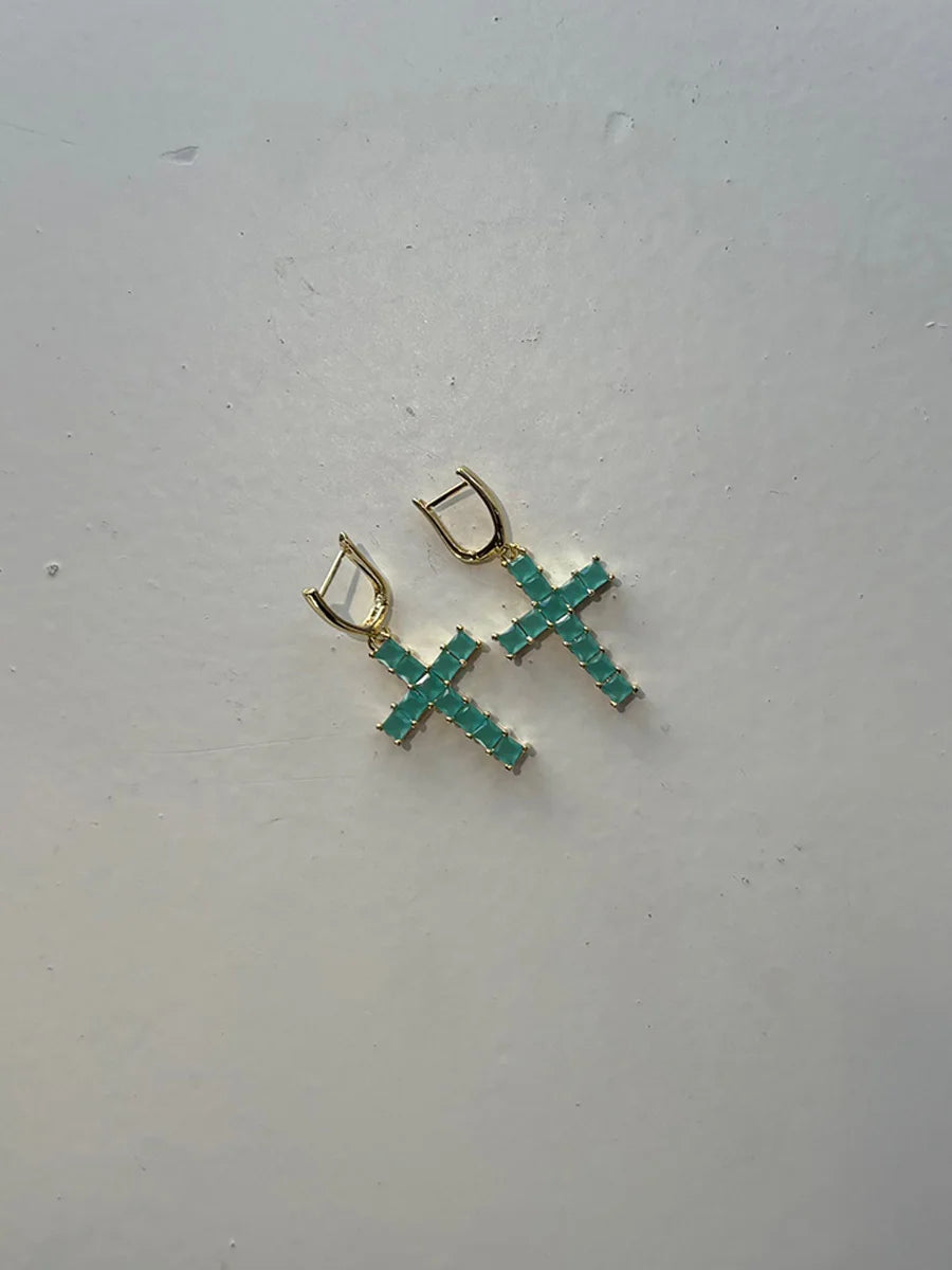 Gold Cross Earrings with Turquoise Gemstone Inlay