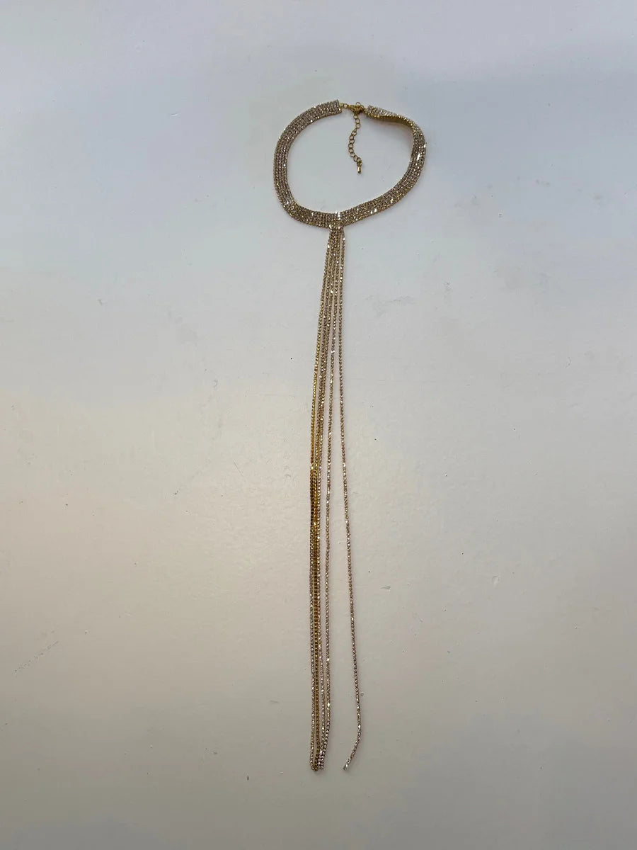 Gold Rhinestone Choker Necklace with Long Tassel Chains