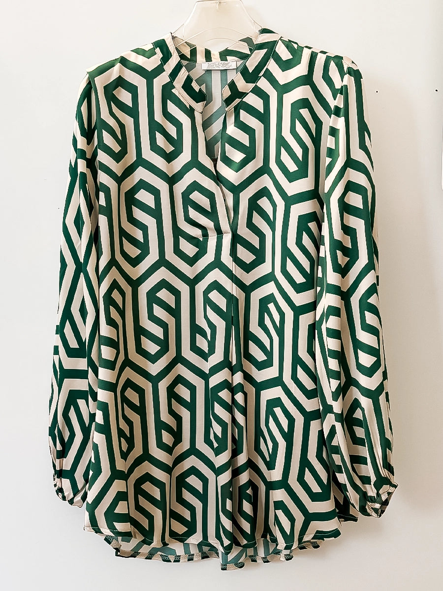 Green & White Geometric Print Blouse
