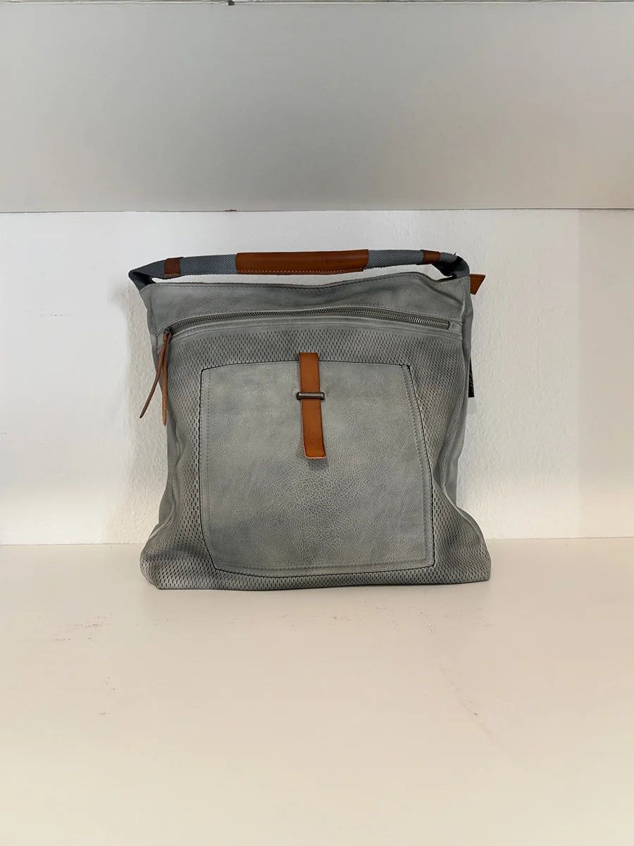 Grey Leather Tote Bag with Front Buckle Detail