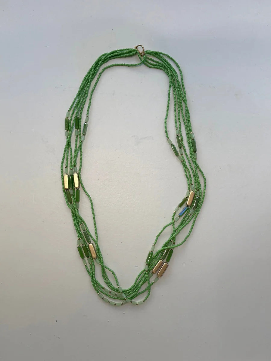 Layered Green Beaded Necklace with Gold Accents