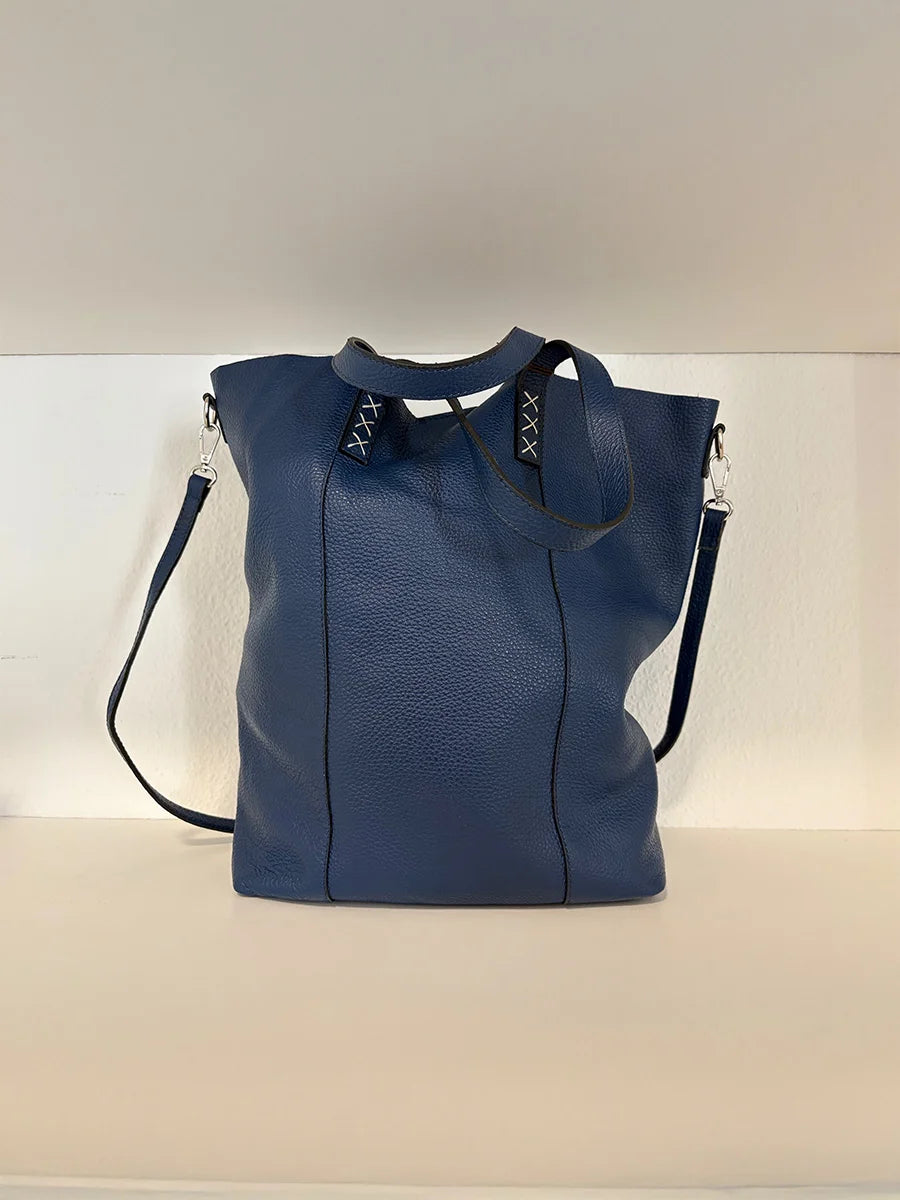 Navy Blue Textured Leather Tote Bag