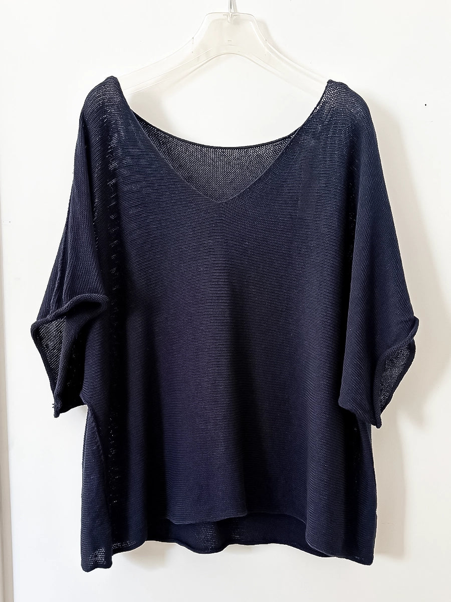 Navy Summer Knitwear Top – V-Neck