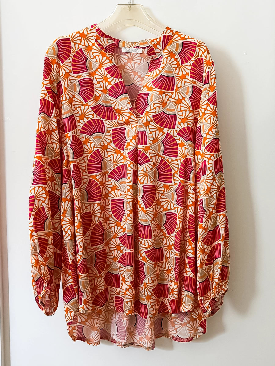 Red & Orange Fan Print Long Sleeve Blouse