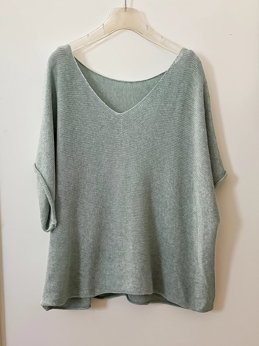 Sage Green V-Neck Summer Knitwear