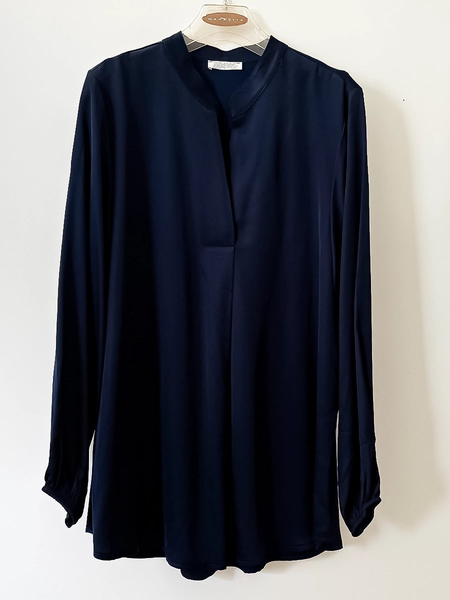 Solid Navy Blue Long Sleeve Blouse