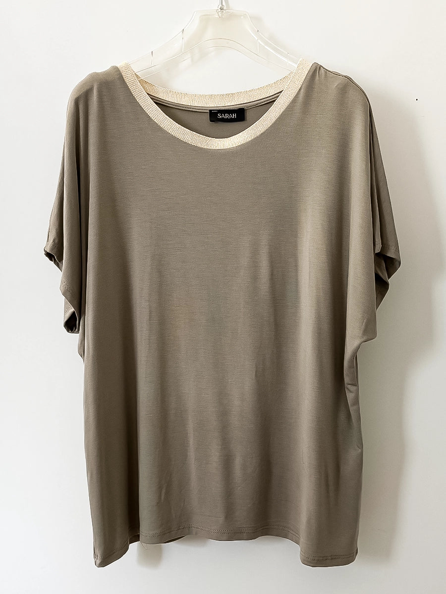 Taupe Summer Shirt – Gold Trim Neckline