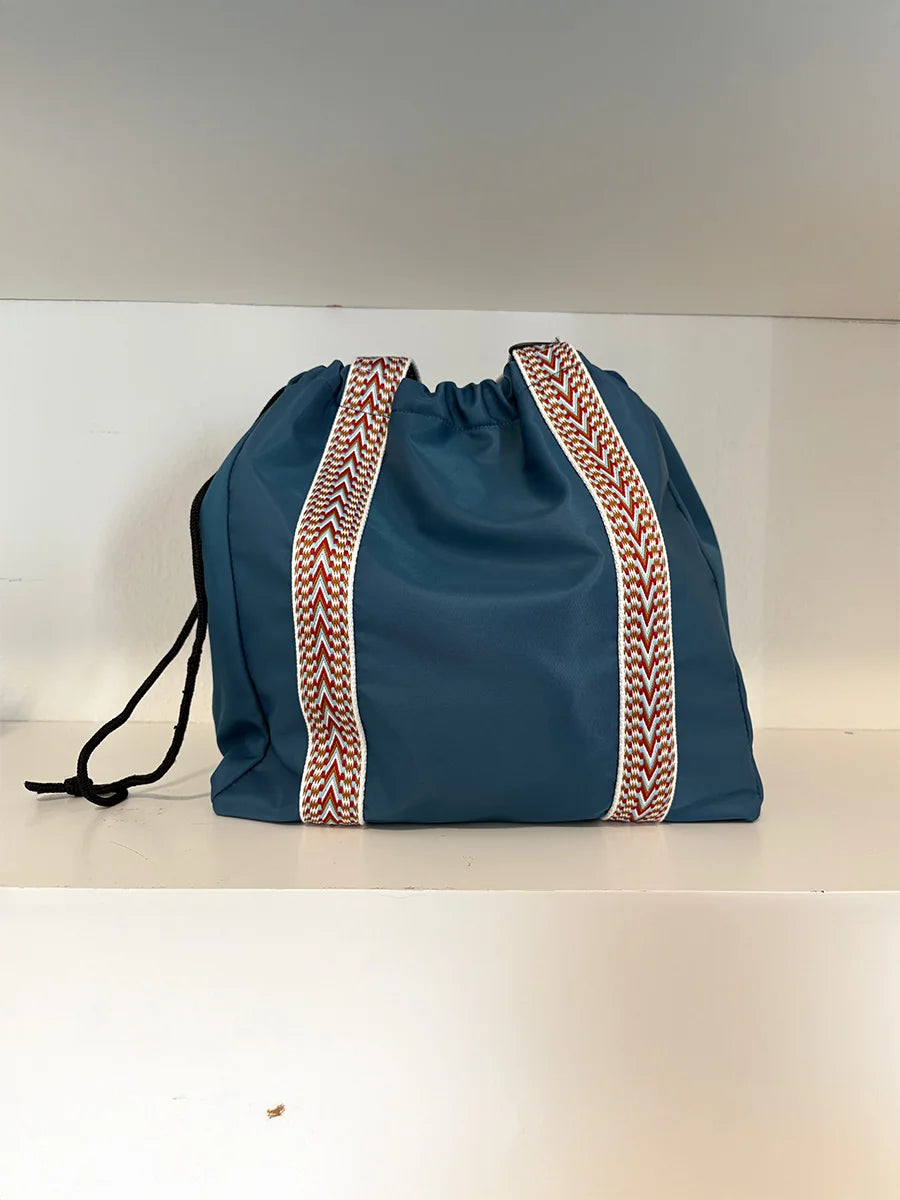 Teal Drawstring Tote Bag with Patterned Woven Straps