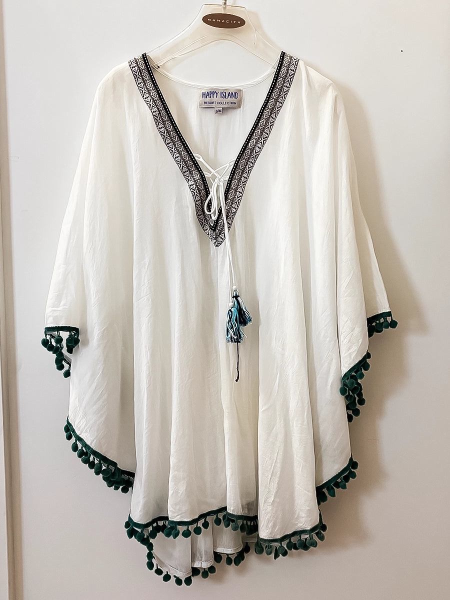 White Boho V-Neck Blouse with Tassel Tie