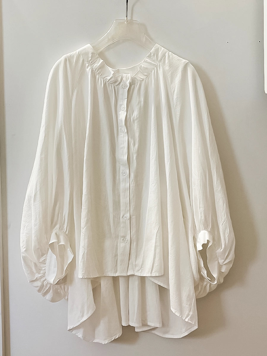 White Ruffle Neck Long Sleeve Blouse