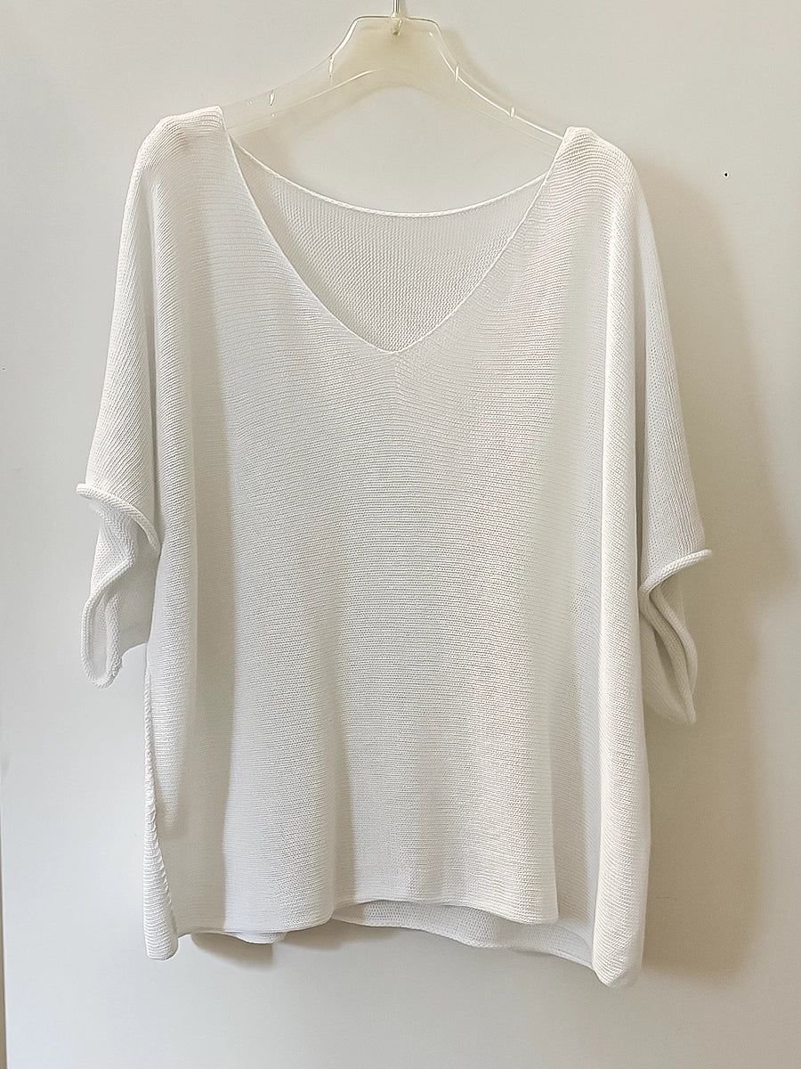 White V-Neck Summer Knitwear Shirt