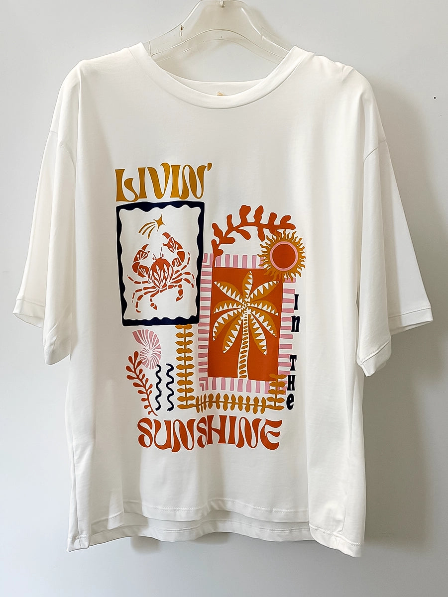White Summer Knitwear Tee – Sunshine Print