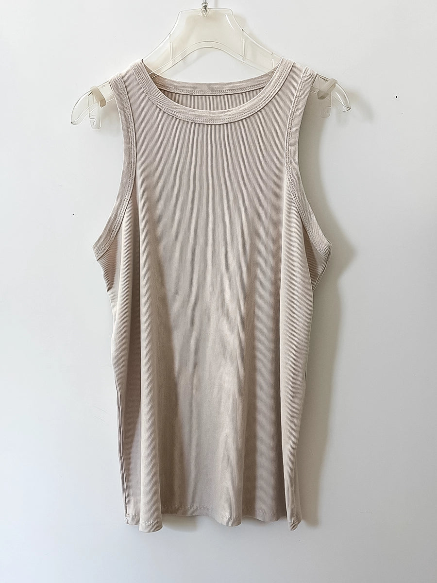 Beige Ribbed Sleeveless Top