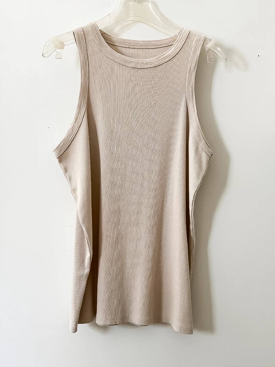 Beige Ribbed Sleeveless Top